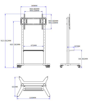 Verstellbares Mobilstand für interaktives Whiteboard 55/75/86 Zoll Schließräder