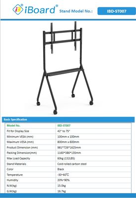 Neu ankommender interaktiver Whiteboard-Ständer, beweglich, für 42 bis 75 Zoll TV-Monitor, hebbarer mobiler Ständer, max. Tragfähigkeit 60 kg, leistungsstarke Rollen, leicht zu bewegen, für interaktiven Whiteboard-Mobilständer