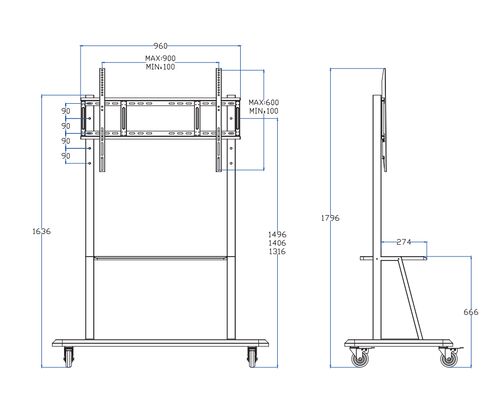 Höhenverstellbarer Mobil-TV-Wagenstand für 65- bis 100-Zoll-Displays