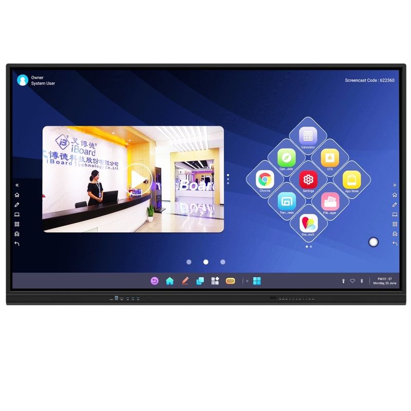 Erleben Sie die Leistungsfähigkeit eines interaktiven Touchscreen-Monitors mit einer Genauigkeit von 2 mm, 15 W*2 oder 20 W*2 Lautsprechern und drahtloser Bildschirmprojektion